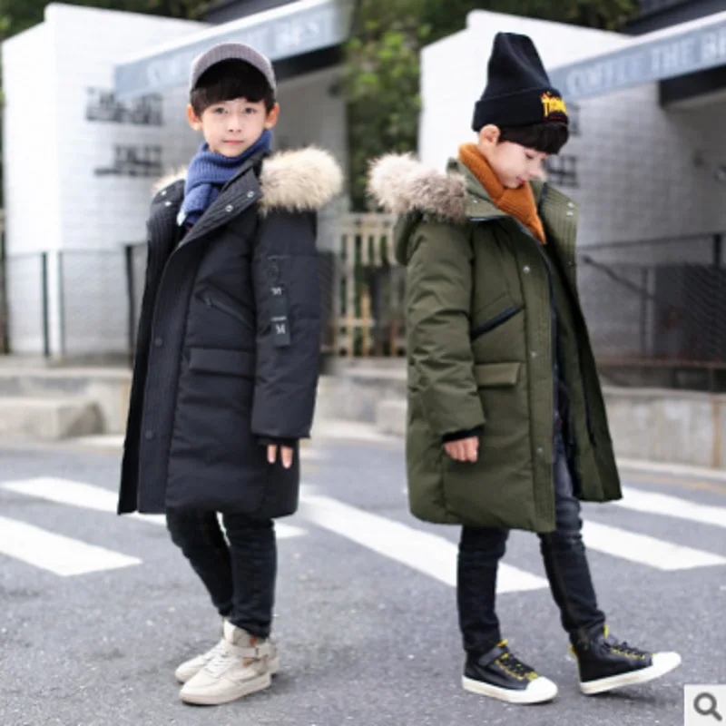 

Boys Eiderdown Cotton Coat 2019 Winter Children's Warm Kids Detachable Raccoon Fur Collar Long Section 2 Colors Size4-14 ly166