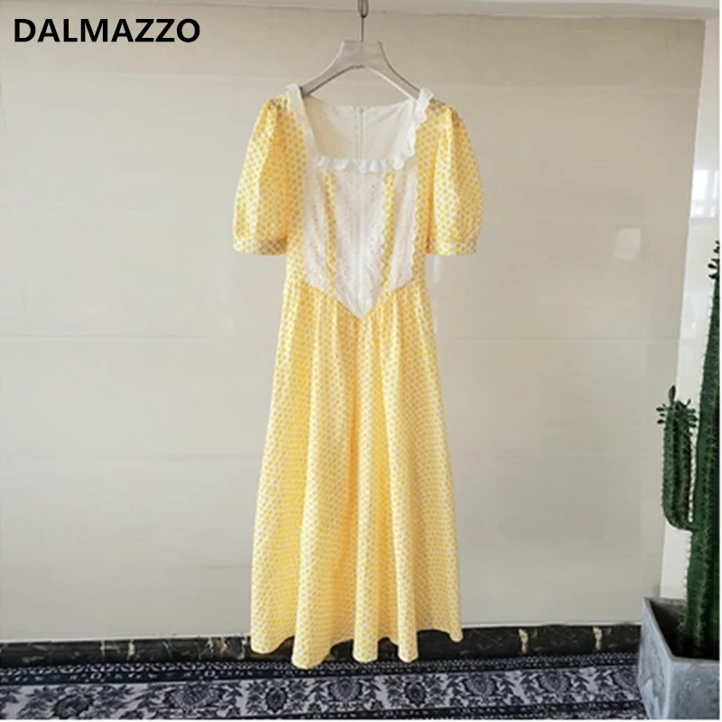 

Vintage French Lace Edge Women Square Collar Short Sleeve Print Dot Long Dress 2021 Newest Summer Designer Runway Vestidos Femme