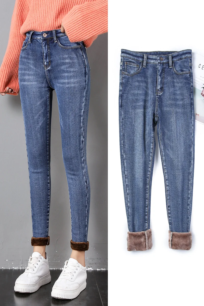 Зимние теплые женские джинсы, новинка, высокая талия, тянущиеся женские плотные флисовые джинсовые брюки, тонкие эластичные джинсы, бархатные брюки-карандаш
