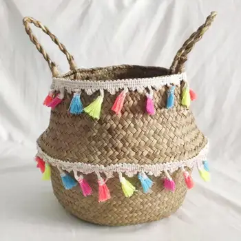 

Seaweed Folding Binaural Shopping Basket Household Items Storage Basket Plant Disk Color Fringed Side Seaweed Woven Basket