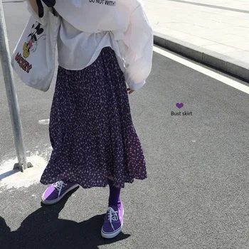 

2020 Autumn Summer New Pleated Skirt Purple Daisy Skirt Female Korean Chic Retro Loose Floral Skirt High Waist A- line Skirt
