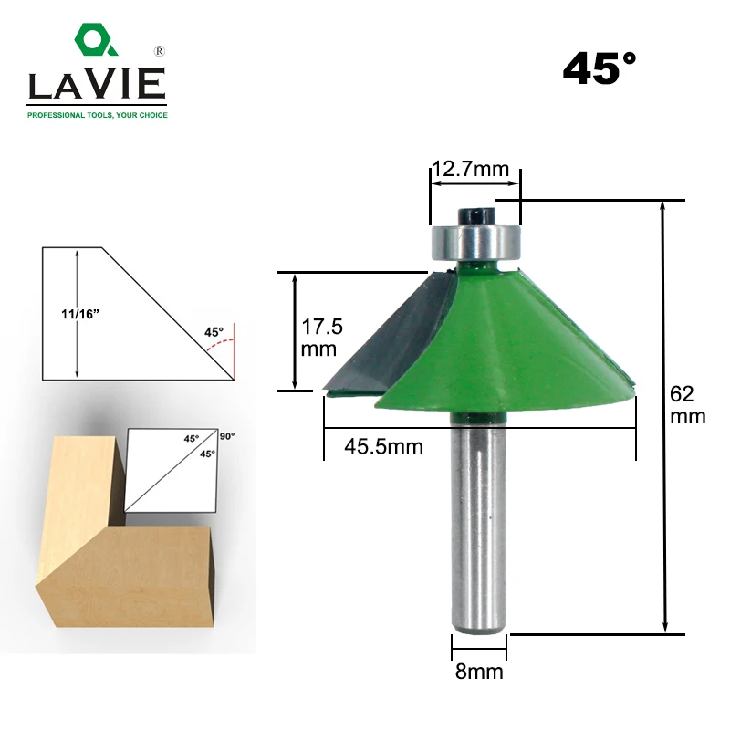 LAVIE 1 шт. 8 мм хвостовик Фаска фрезы 45 градусов конические кромки фрезы для дерева Woodork станки MC02110-45 - Длина режущей кромки: 45 Degree