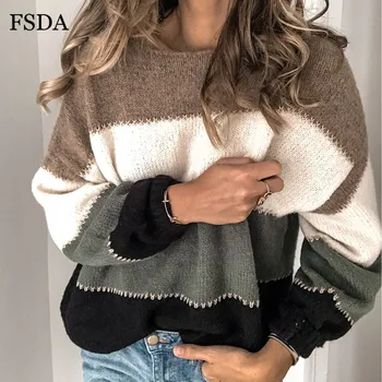 

FSDA O Neck Stripe Knitted Sweater Women Loose Autumn Winter Ladies Pullover Warm Casual Elegant Jumper Patchwork Sweaters