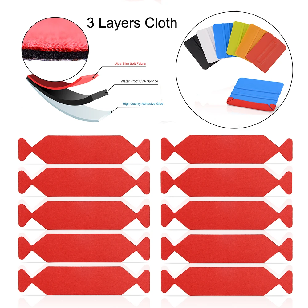 FOSHIO 10PCS 3 Layers Waterproof Fabric Cloth for 10cm Squeegee Carbon Fiber Vinyl Film Car Wrap Window Tint Scraper Protector