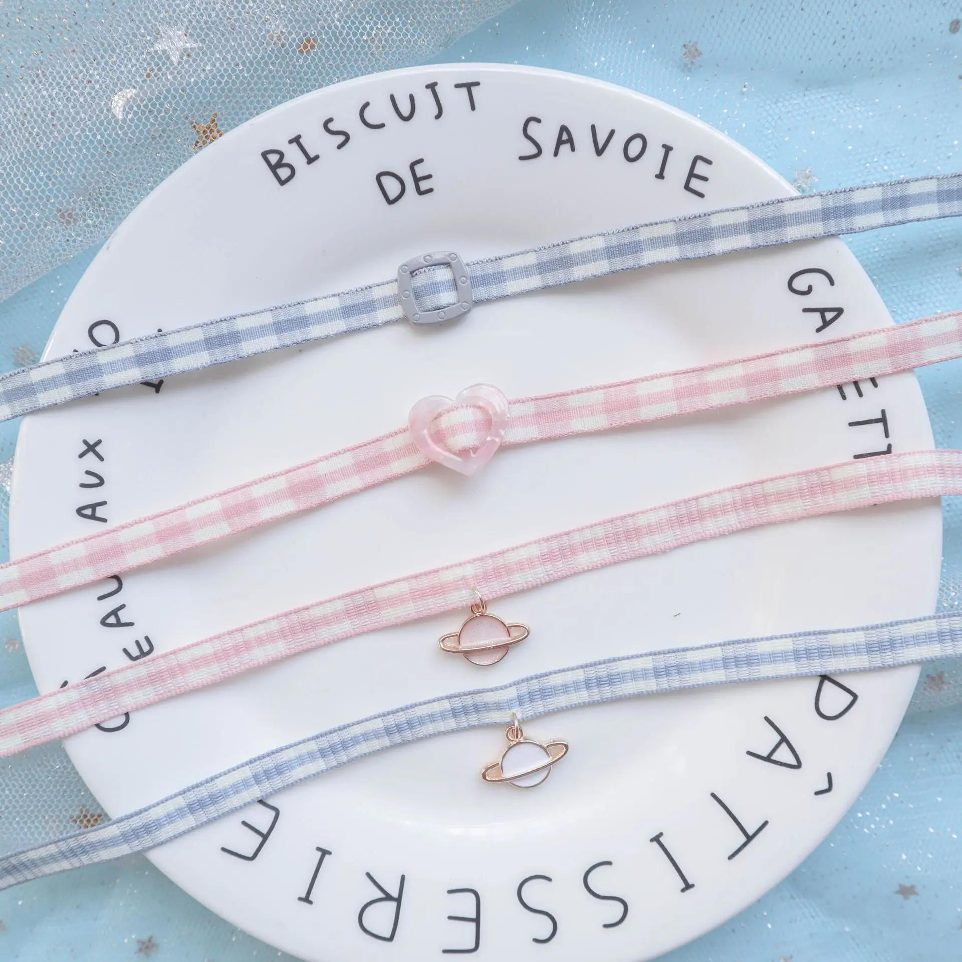 

DoreenBeads Fashion Pink/Blue Lattice Clavicle Chain Necklace For Women BowKnot Planet Pendant Party Choker Necklace Jewelry