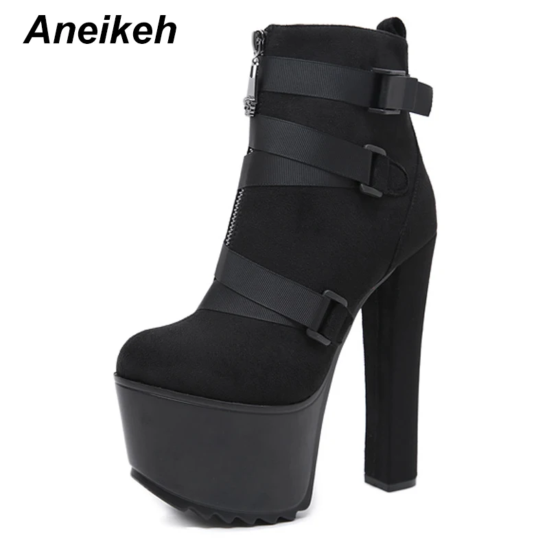 Skup Aneikeh 2019 nowych moda platformy wiosenno jesienne kostki buty damskie 16cm gruby obcas platformy buty damskie buty pracownicze czarny rozmiar