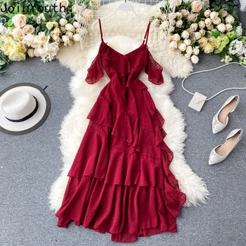

Joinyouth 2020 Holiday Women Dresses Sexy Strapless V-neck Butterfly Sleeve Vestidos Femme Dot Ruffle Midi Chiffon Dress 59455