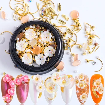 

1 Box White Shell Flower Stone Nail Rhinestones Jewelry Mixed Irregular Beads Manicure For Nails Art Decorations Accessory SA123