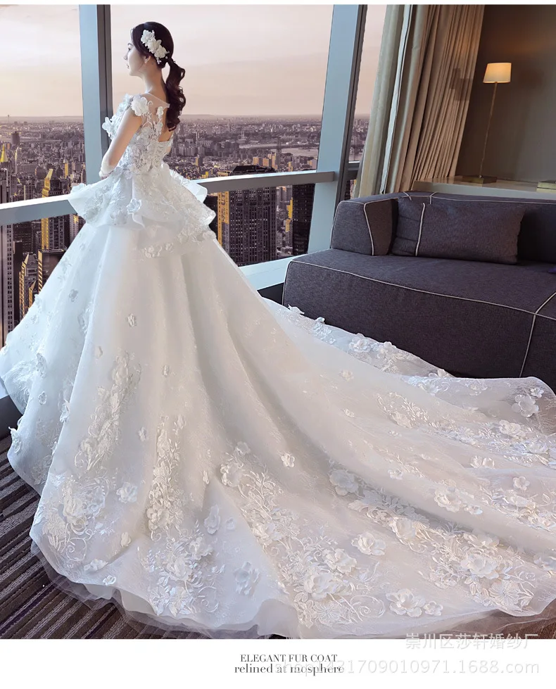 Vestidos de noiva, бальное платье принцессы с круглым вырезом, свадебное платье с кружевной аппликацией и длинным шлейфом, роскошное платье невесты, сексуальное платье с открытой спиной