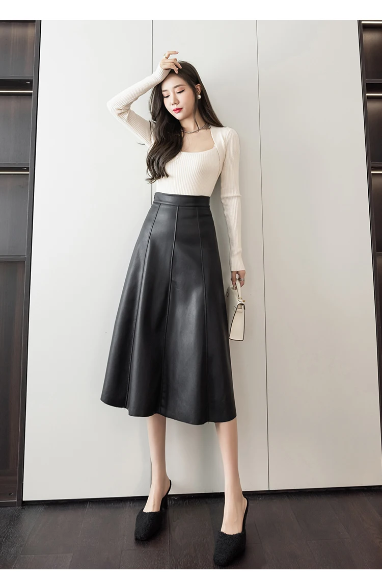 black mini skirt Pu Leather Half Umbrella Skirts 2022Autumn Winter High Waist Fashion Pure Color Soft High-End All-match OL Long Skirts Female black denim skirt