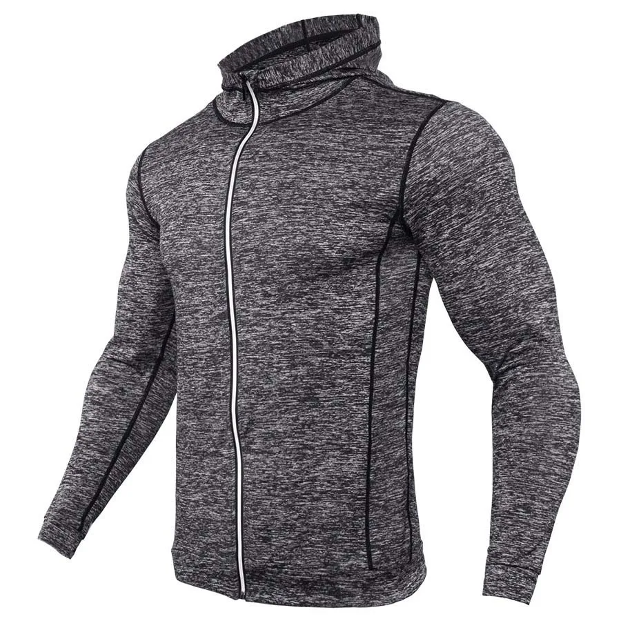 gray Спортивная мужская футболка с капюшоном, футболка для спортзала, Мужская футболка на молнии с длинным рукавом для бега, футболка для фитнеса, спортивный топ для бодибилдинга, спортивная одежда - Цвет: gray
