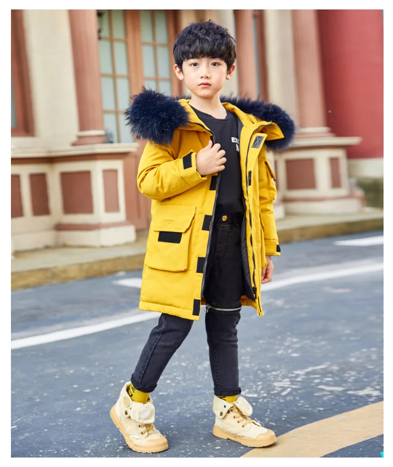 Детский зимний пуховик для мальчиков, плотное теплое зимнее пальто с большим воротником из натурального меха для мальчиков, парка для детей-подростков 4-15 лет