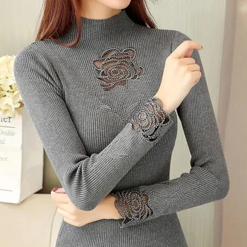 

Rose Embroidery Turtleneck Sweater Women Spring Autumn Diamonds Transparent Slim Knit Pullover Jumper свитер женский M9D503Y