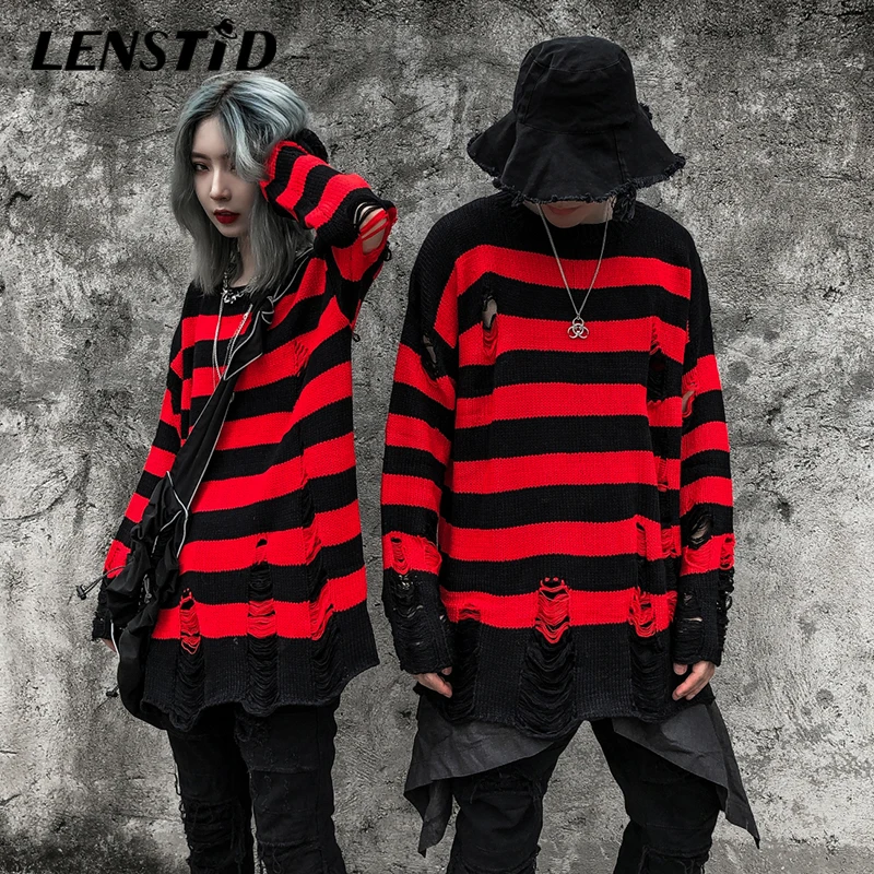 LENSTID осень мужской хип хоп Harajuku красный черный полосатый вязаный свитер с дырками уличная Мужская мода пуловер Свитера