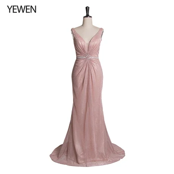 

V-back Evening Dresses Pink V-Neck Mermaid Lace Formal Dresses Women Elegant Party Gowns Crystal Belt 2020