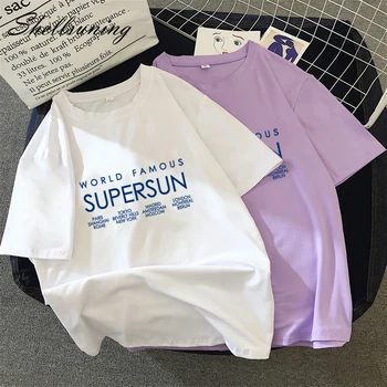 

Shellsuning Harajuku Print Cotton T Shirt Womens Letter Casual Soft Tee Shirts Summer New Short-sleeve Basic Elastic Female Top