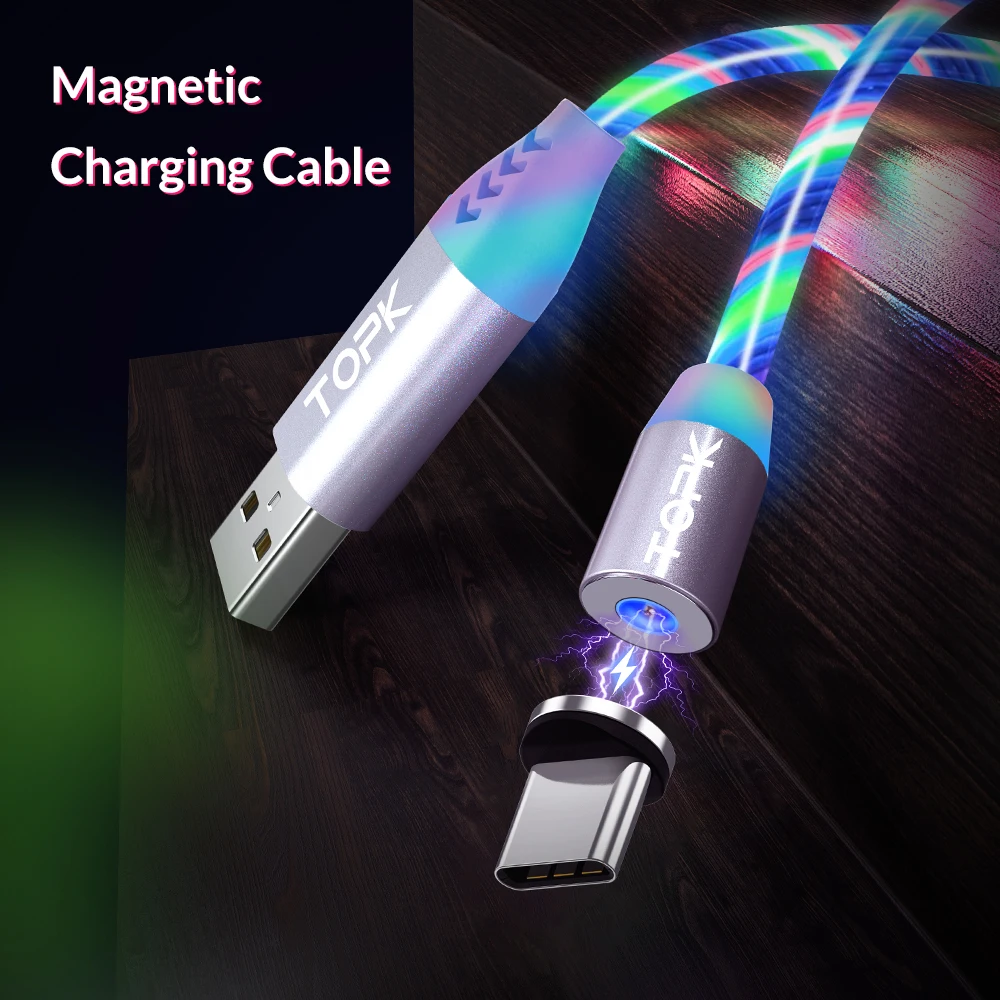 TOPK 1 м светодиодный светящийся Магнитный usb-кабель для iPhone Xs Max 8 7 Plus Micro USB type C Быстрая зарядка type-C Кабели для телефонов - Цвет: Multicolor