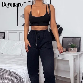 

Beyouare sexy sweatpant and camis crop top women two piece set 2020 jogger summer sleeveless cotton streetwear 2piece set outfit