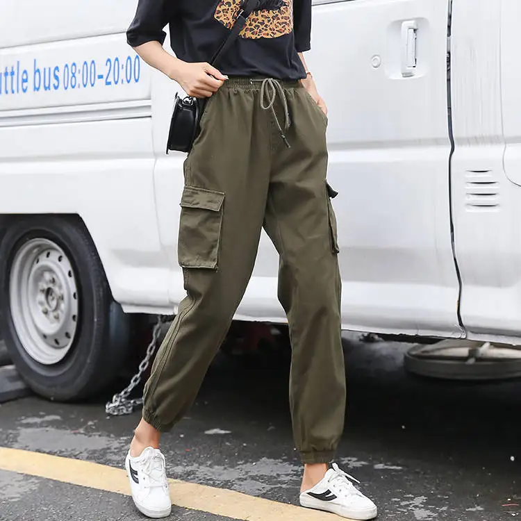 Хлопковые брюки-карго размера плюс, женские эластичные Pantalon с высокой талией, женские серые свободные брюки с карманами, женские уличные брюки