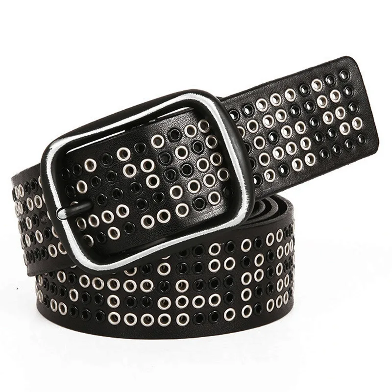 Черный Deepeel, 1 шт., 3,8*105-125 см, роскошная мода, Harajuku, сплав, пряжка, натуральная кожа, ремень, унисекс, заклепки, панк, полый пояс, YB391 - Цвет: Черный