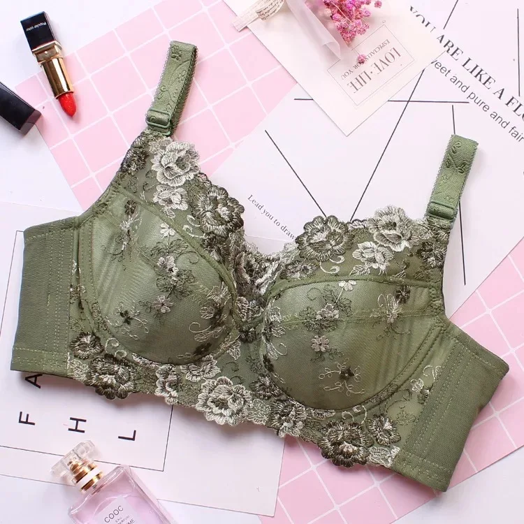 Women's Full coverage Underwired Lightly Lined bra Floral Embroidered Bra Plus Size Minimizer bra 34 36 38 40 42 44 46 48 B-H - Цвет: Зеленый