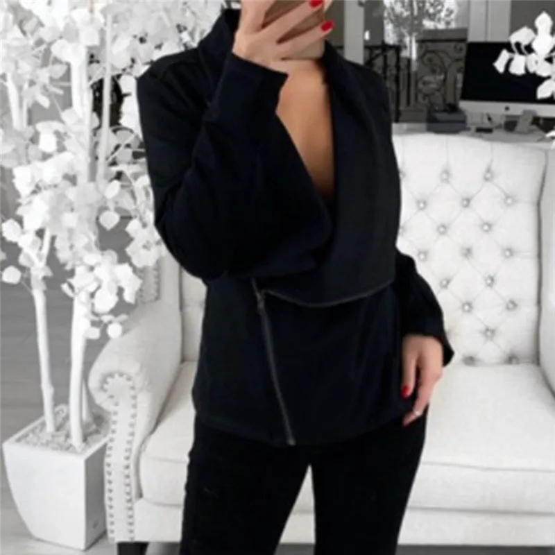 

Women Solid Thin Turn-down Collar Coat Diagonal Zipper Jacket Design Autumn Winter Casual Long Sleeve Jacket Coats
