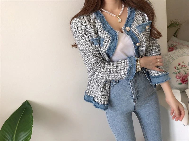 H3bce1d96d9e0497fab2609cbba8ae661m - Spring / Autumn Single-Breasted Denim-Trimmed Tweed Jacket