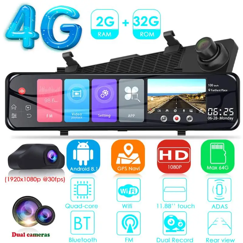 

Phisung Z70 FHD 1080P Android 8.1 Car Rearview Mirror DVR Camera 11.88" Dual Lens 4G WiFi Bluetooth ADAS Dashcam Video Recorder