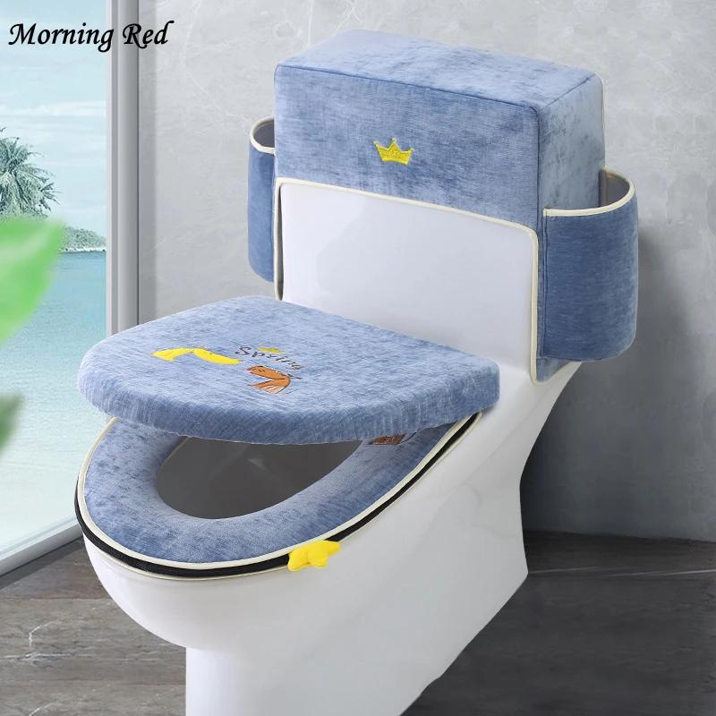 

Toilet Seat Cover 3 Piece Set Velvet Warm Seat Cushion Household Waterproof Antibacterial Lavatory Commode Water Tank Cover