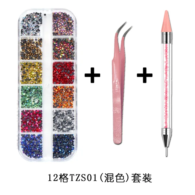 1Box Multi Size Glass Nail Rhinestones Mixed Colors Flat-back AB Crystal With tools 3D Charm Gems  Manicure Nail Art Decorations 016