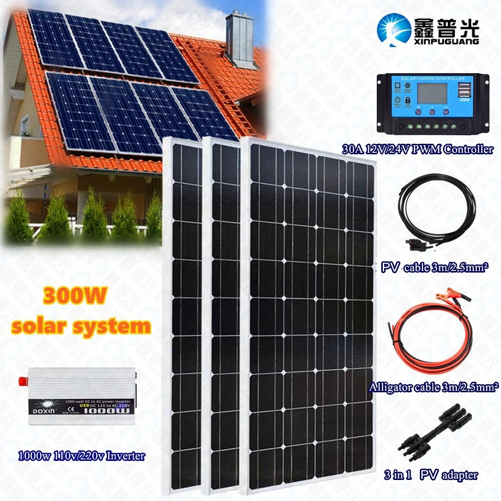 

3x 100w 300w Tempered solar panel system kit module cell 30A controller regulator 110v/220v inverter for 12v Battery charge home