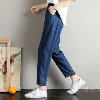 

Jeans Woman High Waist Summer Thin Plus Size Loose Elastic Waist Mom Ankle-length Denim Straight Pants