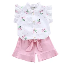 Летний детский комплект для маленьких девочек, повседневный стиль, расклешенный рукав, футболка с принтом вишни, топы+ шорты, комплект костюмов