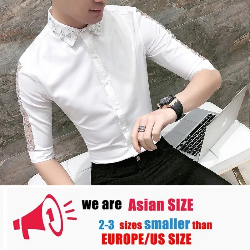 white Кружевная Мужская рубашка Camisa Masculina, дизайнерская повседневная одежда, приталенная Мужская рубашка с рукавом до локтя, Nigth Club Social, уличная одежда, рубашки - Цвет: white