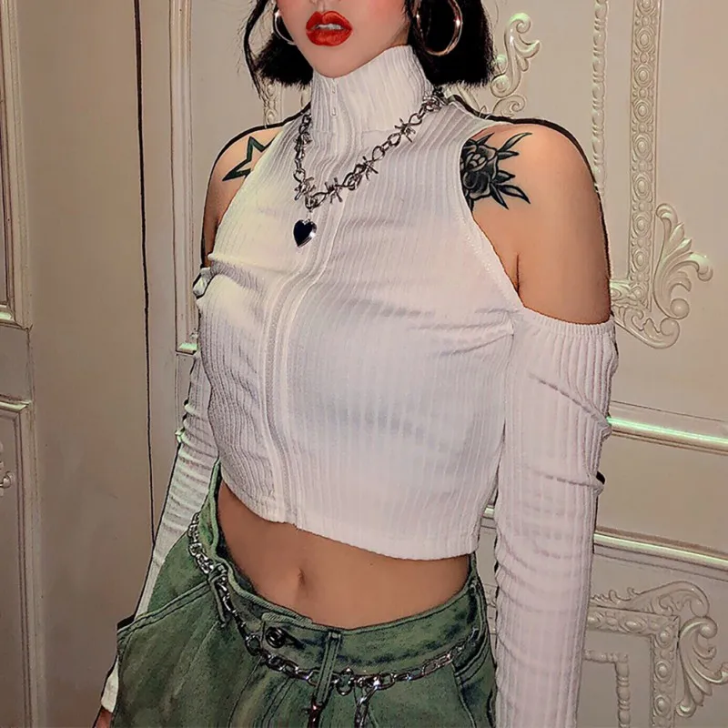 

White T Shirt Women Long Sleeve Spring Autumn Sexy Off Shoulder Crop Top Women Fashion Turtleneck Zipper Tshirt Streetwear 2019