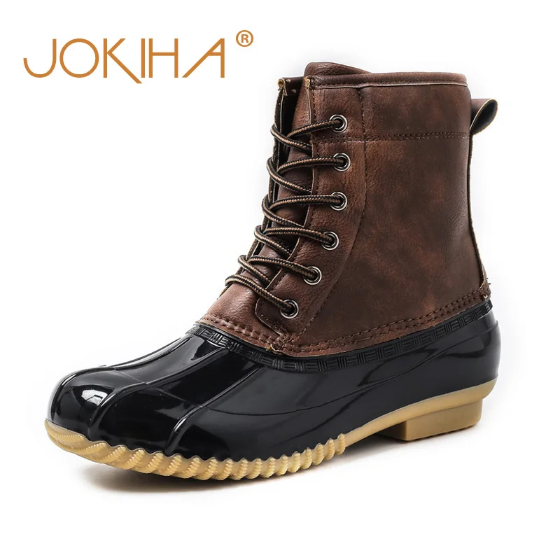 

JOKIHA Women's Two Tone Lace Up Ankle Rain Duck Boots Fur Warm With Waterproof Snow Shoes Ladies Winter Short Booties Big Size
