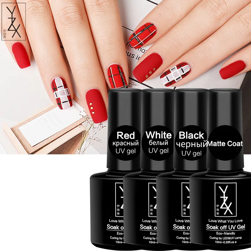 

YZX 4Pcs/Set Matte Top Coat+Black White Red Color Classic UV Gellak No Odor Scrub Effect 10Ml Soak Off For Manicure Long Lasting