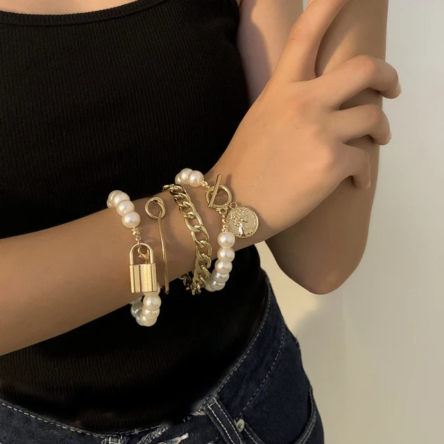 Punk Curb Cuban Chain Bracelets Set for Women Multilayer Miami Boho Thick Gold Color Charm Bracelets Bangles Fashion Jewelry Light Yellow Gold Color