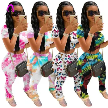 

Tie Dye Two Piece Set Women Tracksuit Fitness Summer Casual Outfits Crop Top Stacked Pants Sweat Suit Lounge Wear Matching Sets