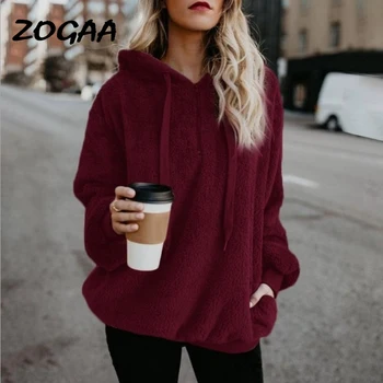 

ZOGAA Winter Women Casual Fur Pullovers Fluffy Oversized Loose Long Warm Outwears Pockets Solid Female Hoodies Coat S-XXXL