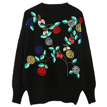 

Women Black Sweater 2019 Winter Contrast Color Hand Crochet Plant Flower Fruit Embroidered Knitted Pullover Sweater P-232