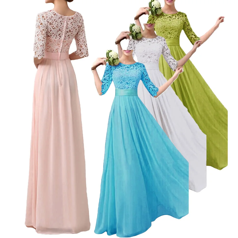 Женское платье кружевное шифоновое, с рукавами до локтя тонкий макси длинное платье в пол, элегантное платье принцессы для Вечеринка цельное платье