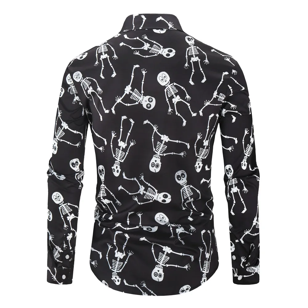 Мужская рубашка на пуговицах с длинным рукавом, вечерние рубашки с принтом черепа на Хэллоуин, Мужская Уличная одежда, повседневная Облегающая рубашка