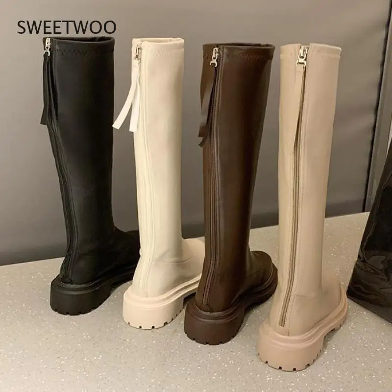 2022 Winter Long Brand Women's Boots Knee High Luxury Chelsea Chunky Platform Shoes Zipper Round Toe
