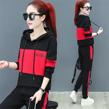 

2020 Spring Autumn New Sports Suit Female Casual Korean Loose Hooded Sweatshirt Plus Size Women Two Piece Set Top And Pants