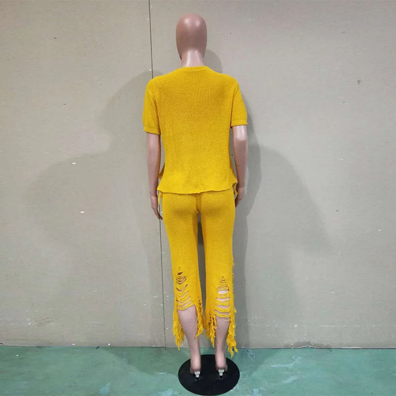 Желтый вязаный комплект из двух предметов спортивный костюм Женская праздничная одежда на одно плечо короткий рукав укороченный топ и широкие штаны с дырками