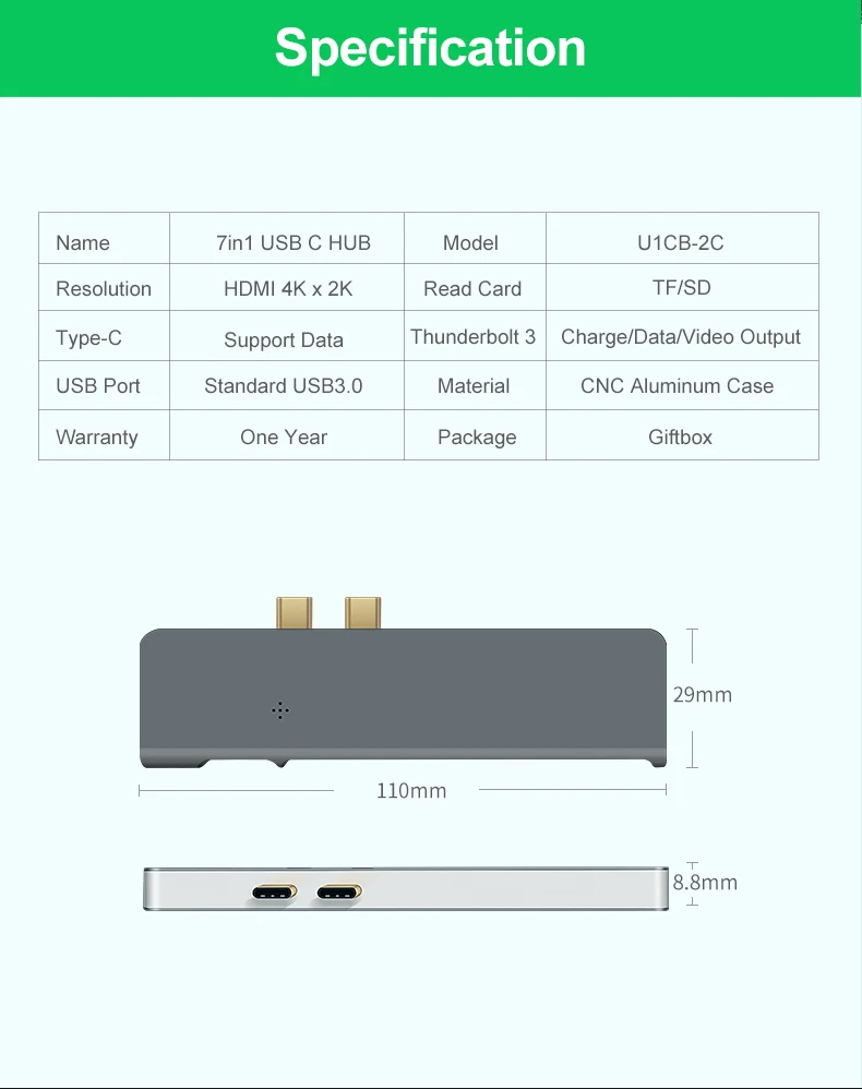 7 в 1 многопортовый USB C концентратор, адаптер type C с HDMI USB C Thunderbolt3 USB3.0 PD SD TF для Macbook, больше устройств с портом type C