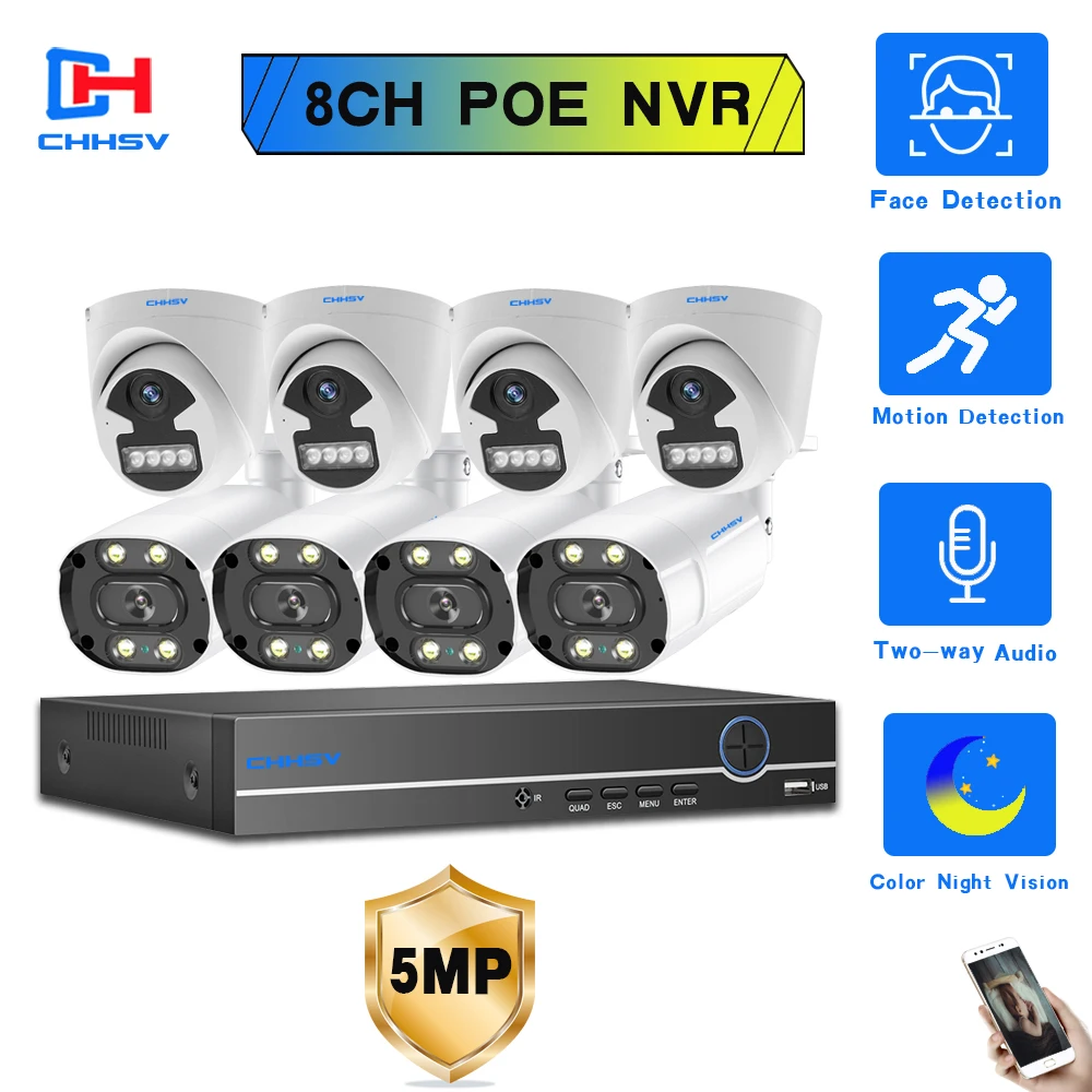 

5MP POE CCTV Video Surveillance 8 Cameras 8CH NVR Kit Home Security Camera System Outdoor Audio Color Night Vision IP Cam Set