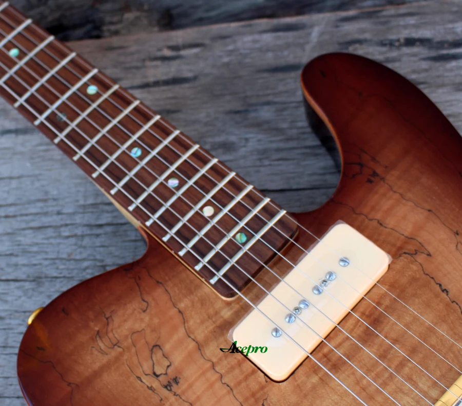 Acepro электрогитара, 2 шт. красное дерево и Spalted клен Топ, коричневый цвет взрыва, Абалон Точки инкрустация, золото Аппаратные средства
