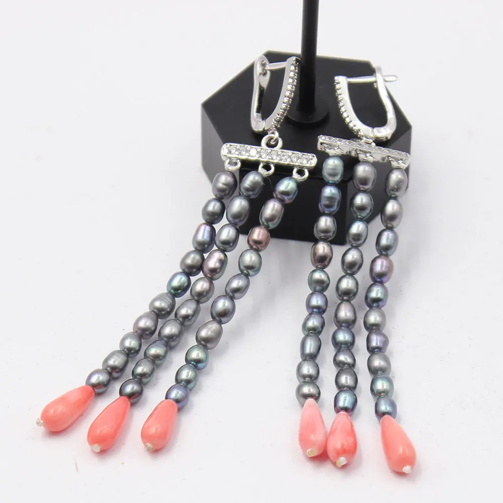 Gg Jewelry Pink Coral Black Rice Pearl Earrings Gp Cz Pave Lever Back Dangle Earrings Handmade